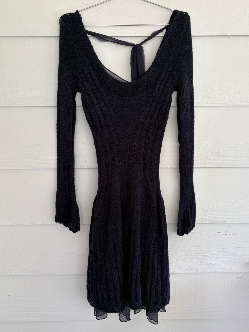 Free People Blue Open Knit Mini Dress L Boho Goth Sheer Tie Back Sweater
